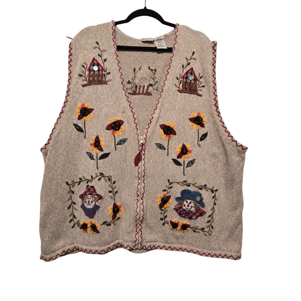 White‎ Stag Sweater Vest 26W/28W Ramie/Cotton Zipper Fall Scarecrow Grandmacore
